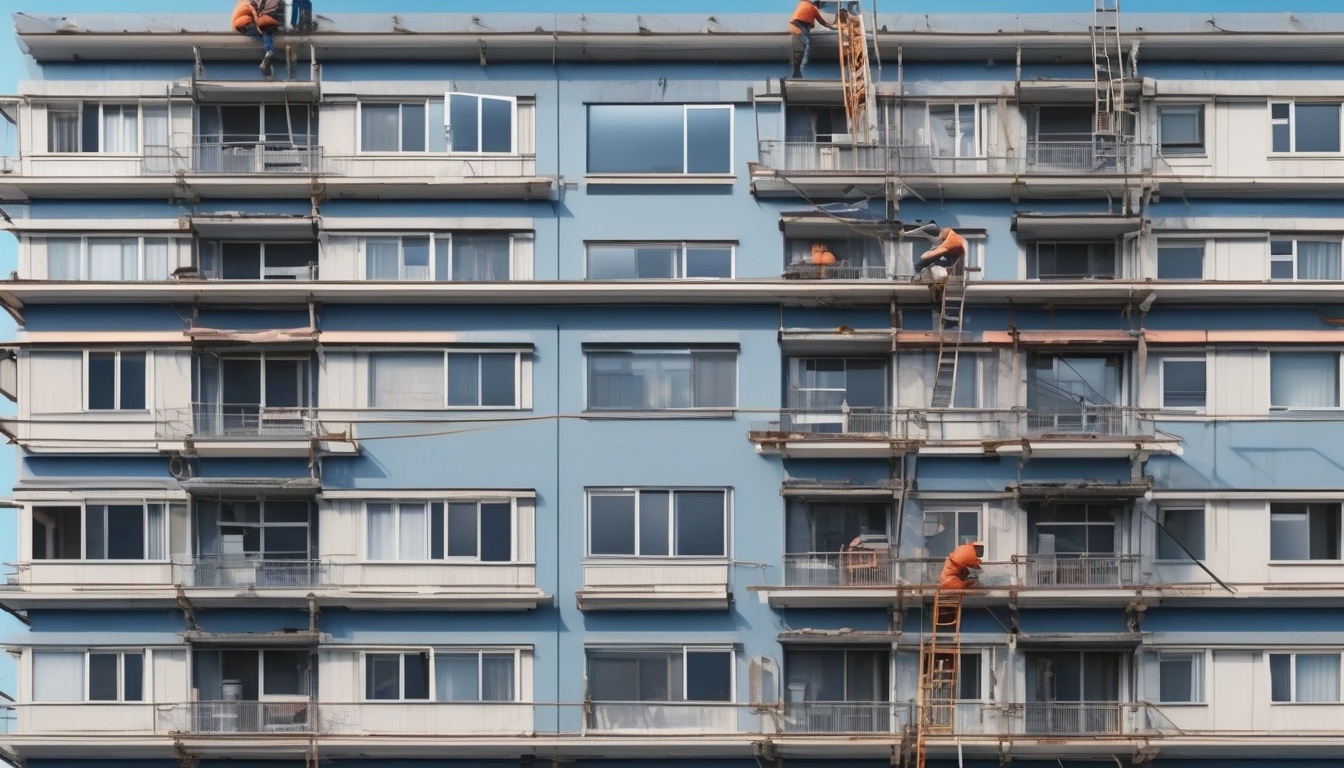 窓改修工事が進む日本の中層マンションの外観
