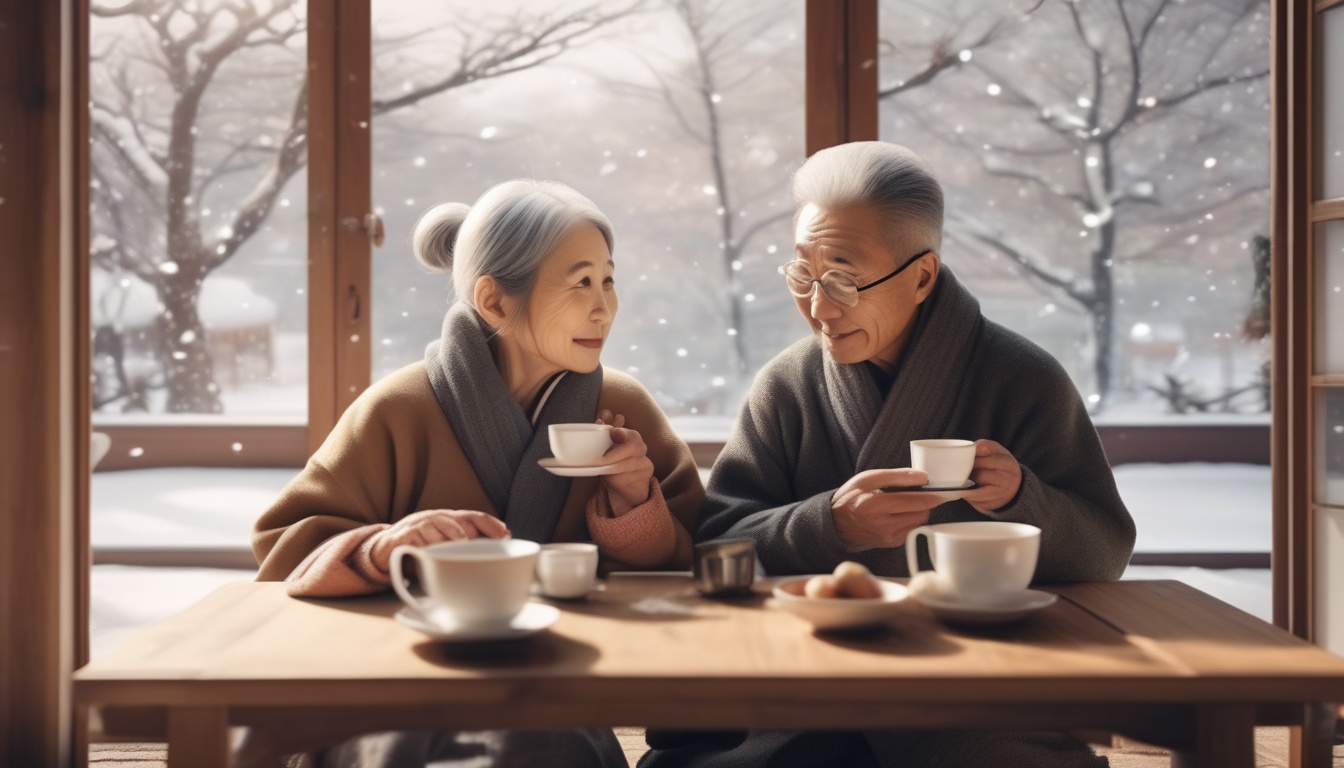断熱された暖かいリビングでくつろぐ高齢夫婦